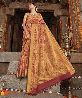 Crimson Handloom Natural Dyed Kanchipuram Revival Silk Saree With Gandaberunda Motifs
