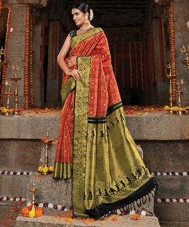 Orange Handloom Kanchipuram Revival Korvai Silk Saree With Dual Checks
