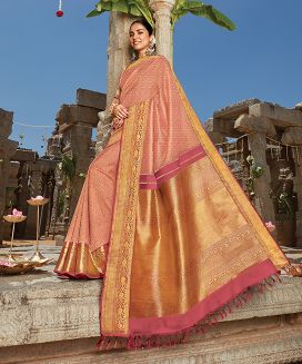 Peach Handloom Kanchipuram Natural Dyed Silk Saree With Zari Kamalam Motifs
