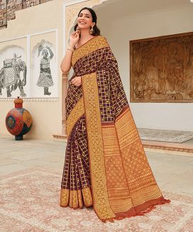 Maroon Handloom Kanchipuram Silk Saree With Minangkabau Motifs 
`