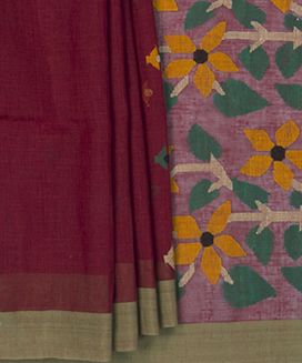 Pink Handwoven Linen Sari With Floral Motifs