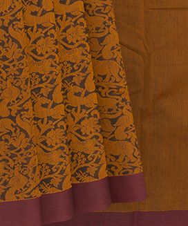 Green and Mustard Handwoven Half & Half Kanchi Cotton Sari With Vanasingaram Motifs