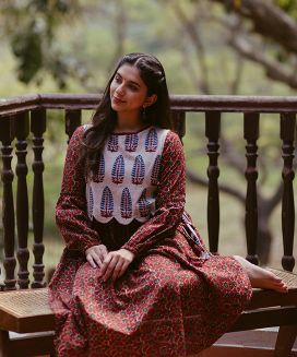 Brown printed cotton kurti with off white jacket 