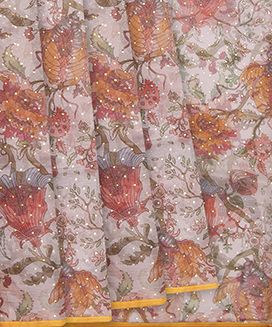 Taupe Printed Organza Silk Saree With Floral Motifs