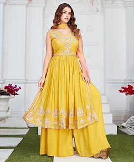 Yellow flared kurta and palazzo set with floral embroidery
