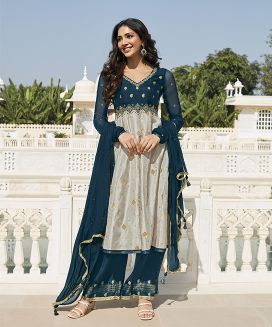 Teal Blue and Grey Embroidered Silk Salwar Set
