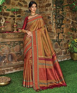 Sage Green & Peach Handloom Kanchipuram Natural Dyed Silk Saree
