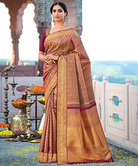 Maroon Handloom Kanchipuram Natural Dyed Silk Saree With Kamalam Butta
