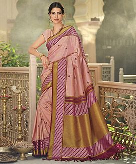 Baby Pink Handloom Kanchipuram Natural Dyed Korvai Silk Saree