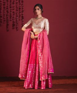 Ivory Gold & Fuchsia pink embroidered pure silk lehenga set 