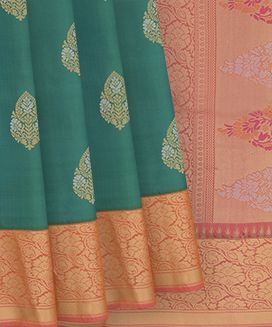 Green Handwoven Soft Silk Saree Zari Butta & Vine Motifs in Contrast Pink Border