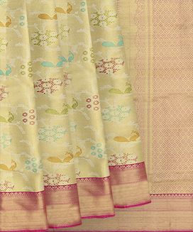 Mint Green Handwoven Kanchipuram Korvai Tissue Silk Saree With Peacock Vine Motifs & Pink Zari Border