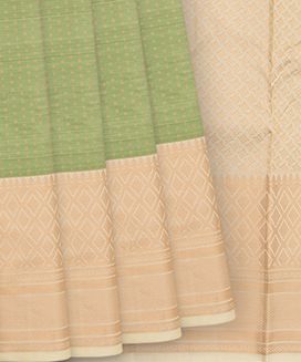 Sage Green Handwoven Kanchipuram Korvai Silk Saree With Silver Zari Stripes & Evening Morning Beige Border