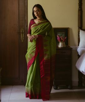 Cardamom Green Handloom Rasipuram Cotton Saree With Temple Motifs Silk Border