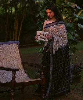 Cream Handwoven Orissa Cotton Saree With Chevron Stripes & Contrast Black Border 