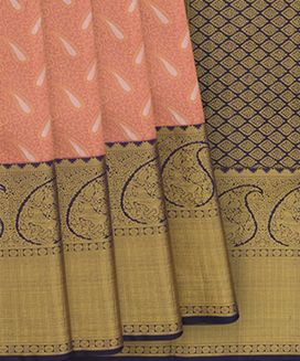 Baby Pink Handwoven Kanchipuram Korvai SIlk Saree With Floral Motifs in Gold and Petals in Silver Zari