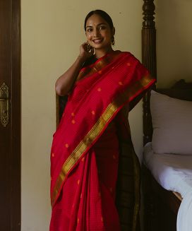 Red Handloom Silk Cotton Saree With Checks & Buttas
