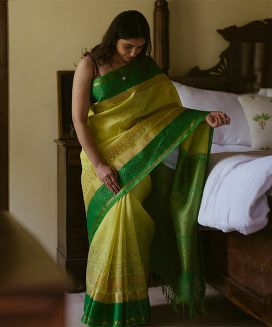 Yellow Handloom Chirala Silk Cotton Saree With Green Border
