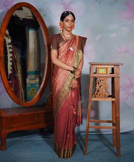 Crimson Handloom Natural Dyed Kanchipuram Revival Silk Saree With Paithani Inspired Meenakari Motifs