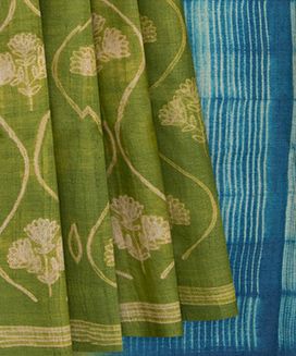 Green Shibori Hand Printed Tussar Silk Saree With Floral Motifs