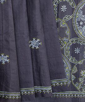 Greyish Blue Hand Printed Tussar Silk Sarees With Floral Motifs