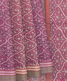 Pink Tussar Silk Saree In Hand Block Print