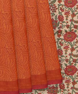 Orange Tussar Silk Saree With Block Print