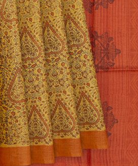 Yellow Handwoven Tussar Silk Saree With Hand Block Print