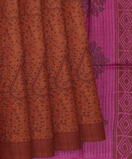 Rust Handwoven Tussar Silk Saree With Hand Block Print