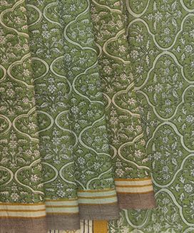 Green Tussar Silk Saree With Hand Block Print
