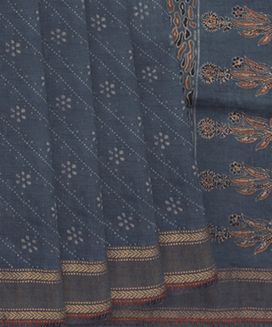 Grey Handwoven Tussar Silk Saree with Ajrak Hand Print