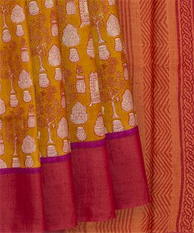 Mustard Handwoven Printed Tussar Silk Saree With Potteries Motif & Contrast Red Border