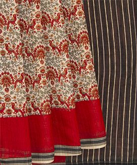 Beige Handwoven Printed Tussar Silk Saree With Bird Motifs and Contrast Red Border