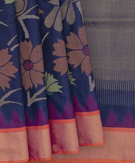 Midnight Blue  Handwoven Uppada Silk Sari With Floral Motifs