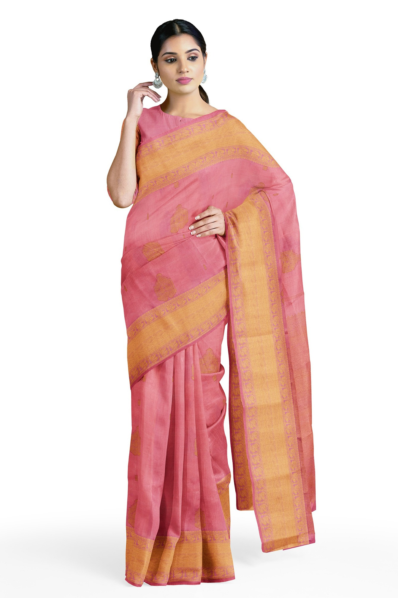 Baby Pink Kanchipuram Silk Saree with Golden Zari Border