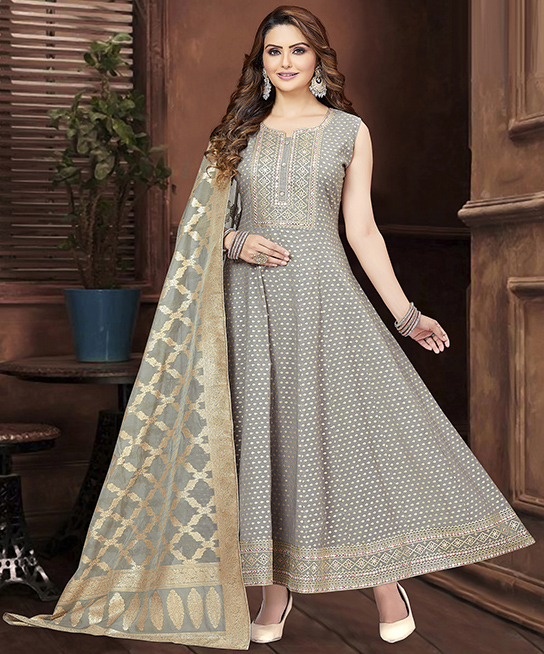 Slate Gray Designer Embroidered Party Wear Anarkali Suit, 45% OFF