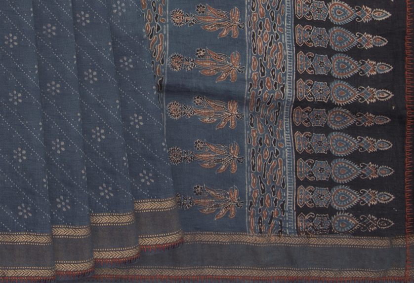 Red and Indigo Floral Ajrak Modal Saree